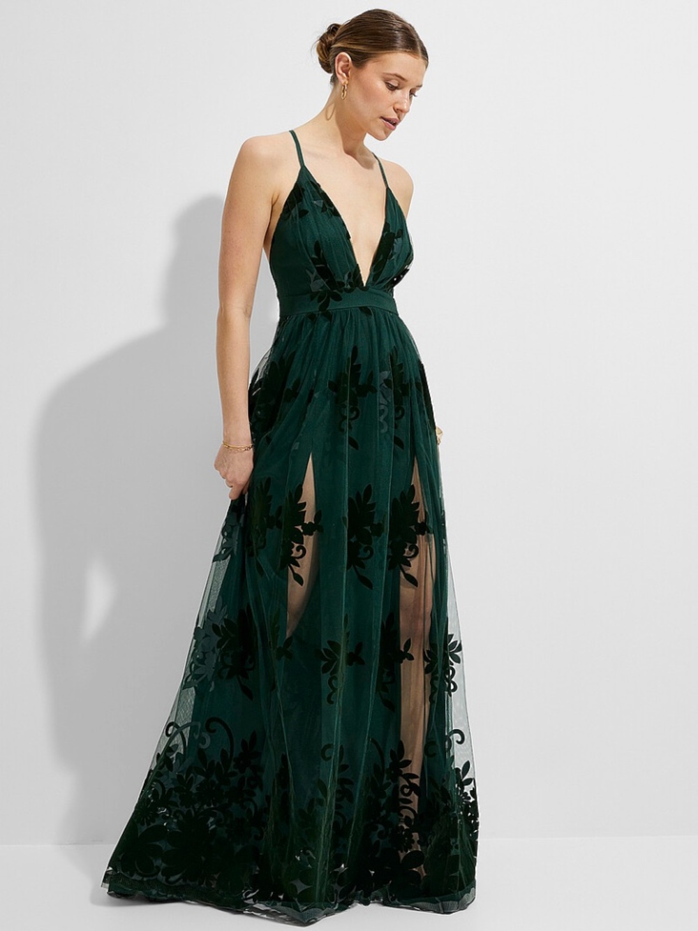 Flocked Floral Tulle Maxi Dress